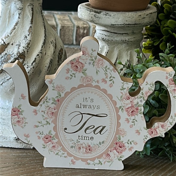 None Other - NEW!! Shabby Chic Cottage Farmhouse Teapot Tea Time Floral Pink Roses Wood Sign